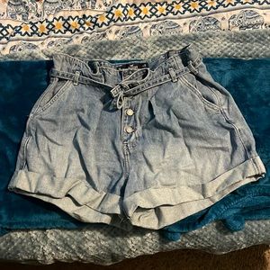 Paper Bag Waist Button Fly Denim Shorts